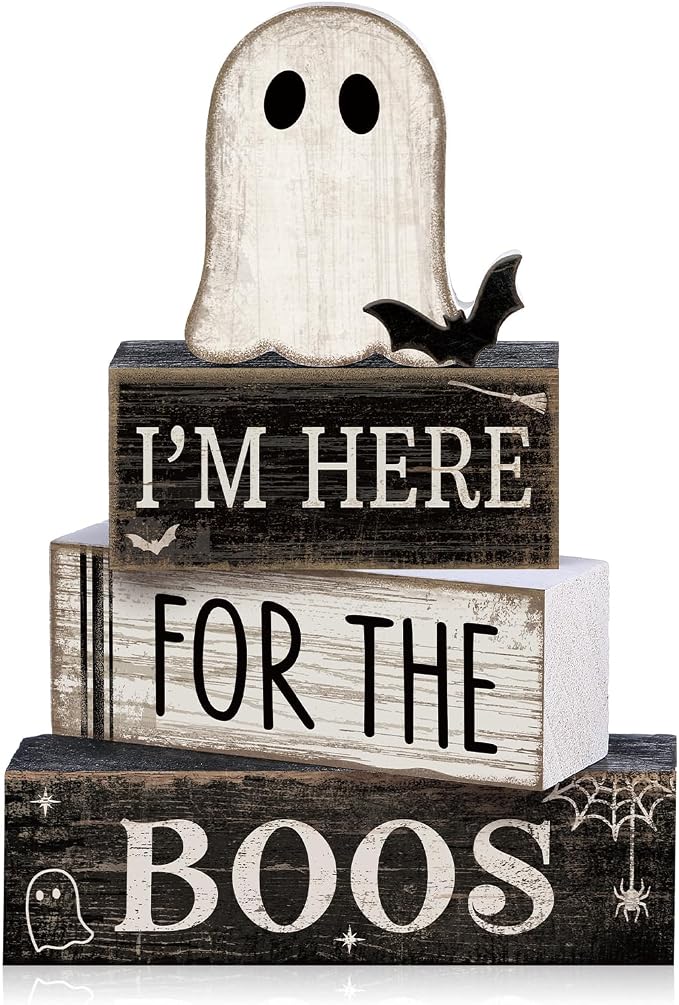 Lineshading 4 Pcs Halloween Table Decoration Ghost Wooden Tiered Tray Decor | Stacked Blocks with Ghost, Rustic Wood, For Tabletop Shelf Mantel, Halloween Farmhouse Home Styling, Gift Ready