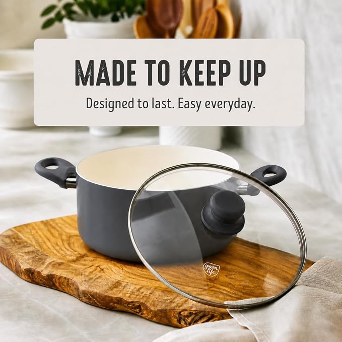 GreenLife 5QT Ceramic Nonstick Stockpot with Lid, Graphite Black | PFAS-Free Nonstick Coating, Casserole Pot, Soup Pot, Pasta Pot, Induction Ready, All Stovetop Compatible, Dishwasher Safe