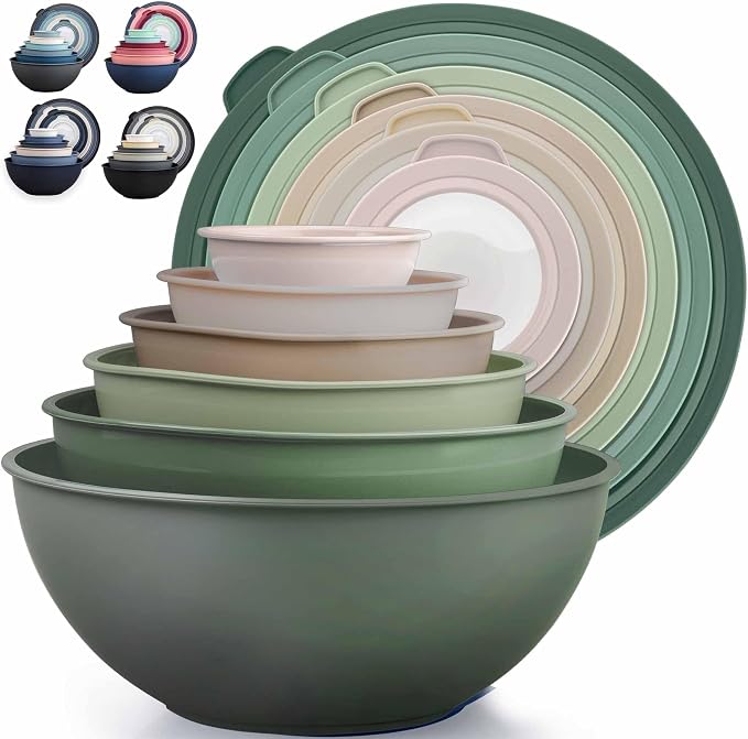 Zulay Kitchen 12 Piece Plastic Mixing Bowls with Leak-Proof Lids Set - Microwave and Freezer Safe Kitchen Mixing Bowls for Preparing, Serving and Storing - Large Nesting Bowls (Forest Ombre)