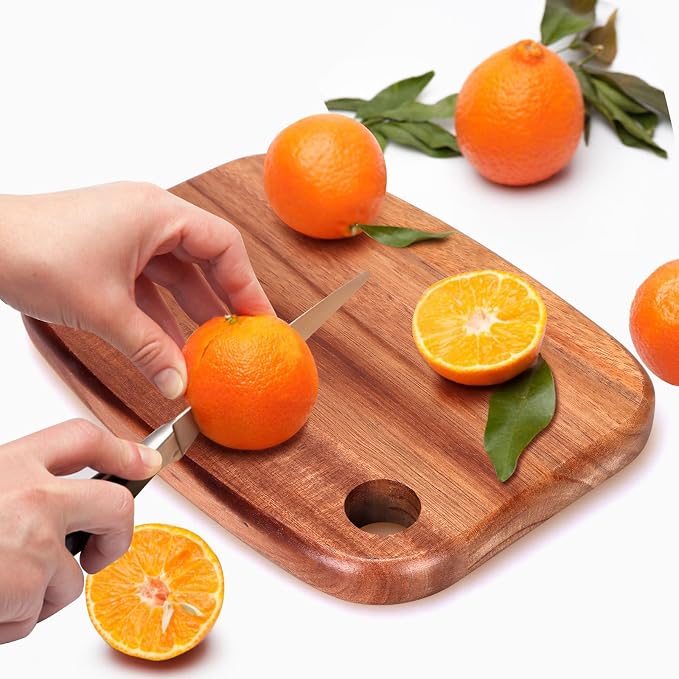 Small Acacia Wood Cutting Boards for Kitchen with Hanging | Medium Wooden Cutting Board for Vegetables, Fruit, Bread, Meat, Cheese, Charcuterie - BPA Free, 10" x 8"