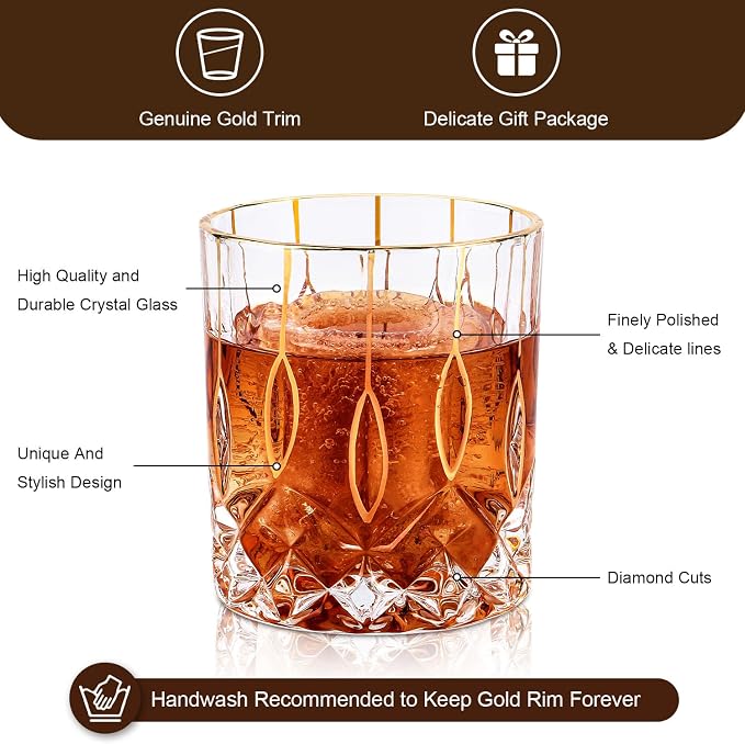 GLASKEY Gold Rim Whiskey Glasses Set of 2,Crystal Old Fashioned Glasses-Luxury Gold Collection,Perfect for Scotch Bourbon Rocks Cognac Vodka Gin Tequila Rum Liquor,Whiskey Gifts for Men