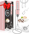 YUSWKO Handheld Milk Frother Wand for Coffee, Rechargeable Electric Whisk with 3 Heads 3 Speeds Drink Mixer Coffee Frother For Latte, Cappuccino, Hot Chocolate, Egg, Pink with Holder