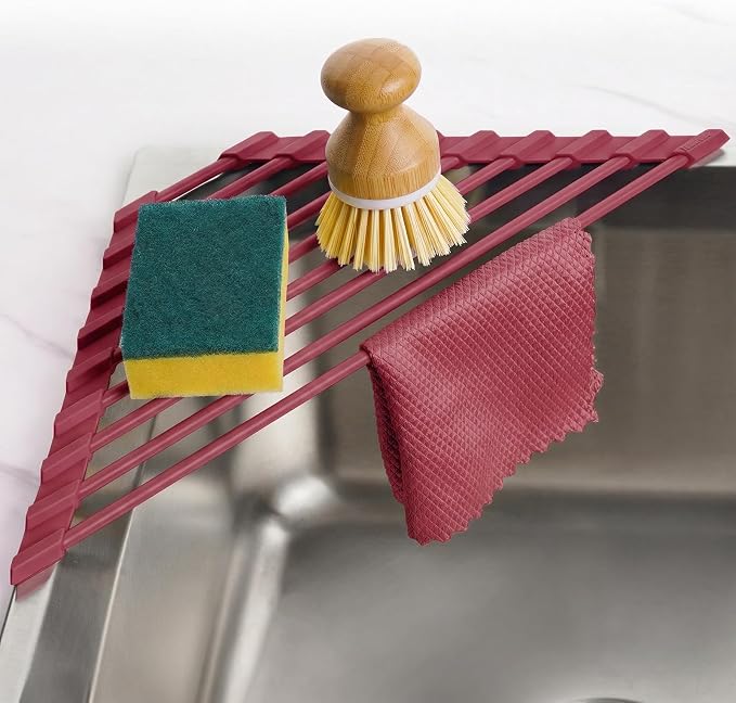 Tomorotec Roll Up Dish Drying Rack with Silicone Coating, Wine Red | 304 Stainless Steel with BPA-Free Silicone, Triangle Design Maximizes Sink Corner Space, Fits Compact Kitchens And RVs
