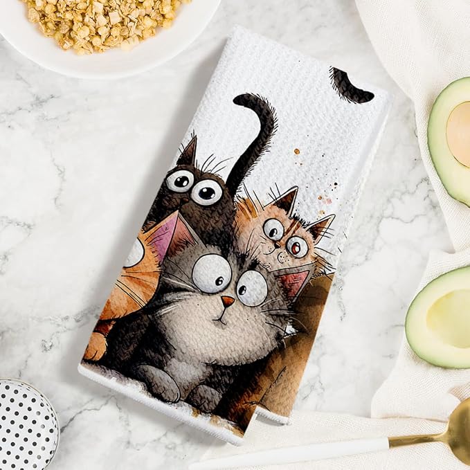 Jztco 3 Pcs Cute Cat Kitchen Towels, Cats Soft Absorbent Hand Tea Towel | Microfiber Dish Cloths for Drying Dishes, Waffle Dish Towels for Kitchen Home Bathroom Decor, Cat Lover Gifts for Women Mom