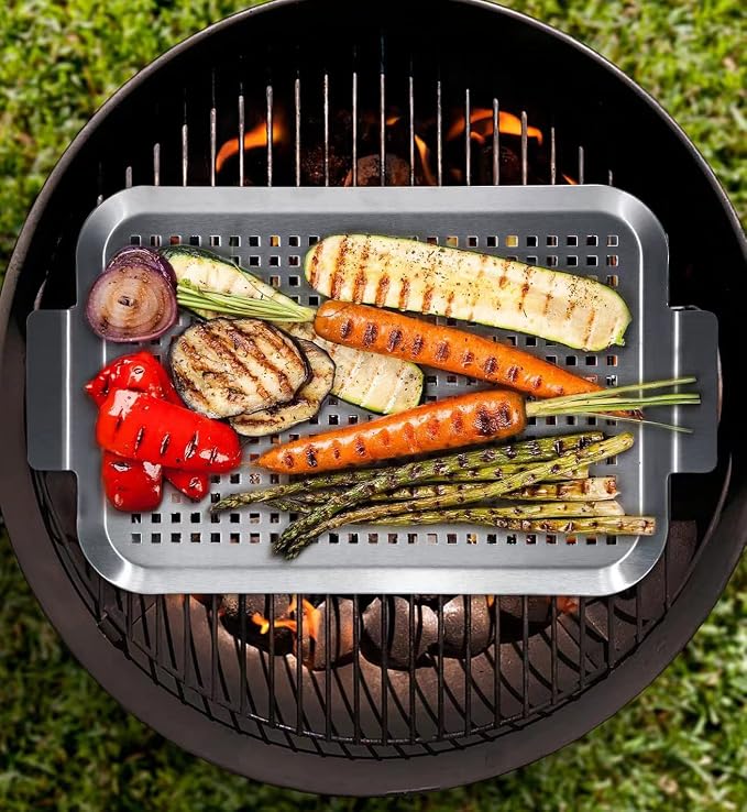 Grill Pan Set of 2, BBQ Grill Topper for Outdoor Grill, Stainless Steel Grilling Baskets with Holes and Handles, Perforated Food Tray Barbecue Accessories for Vegetable, Fish, Meat, Seafood | Stainless Steel Grilling Baskets with Holes and Handles, Per...