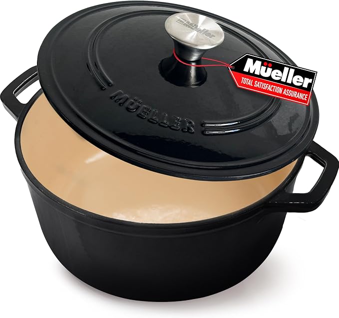 MUELLER HOME 7.5 QT Enameled Cast Iron Dutch Oven, Heavy-Duty, Oven-Safe up to 500° F & Across All Cooktops, Casserole Dish and Braiser Pan with Lid and Stainless Knob, Black | Heavy-Duty