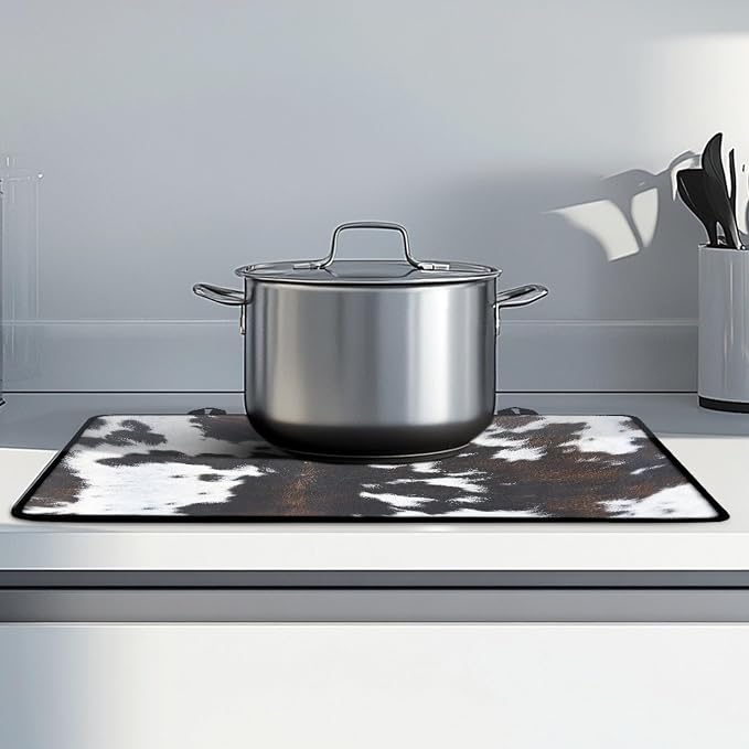 Cow Print Stove Top Covers for Electric Stove Animal fur Black Brown White Classic Glass Top Gas Stove Pad Heat Resistant Range Cooktop Mat for Kitchen 28"x20"