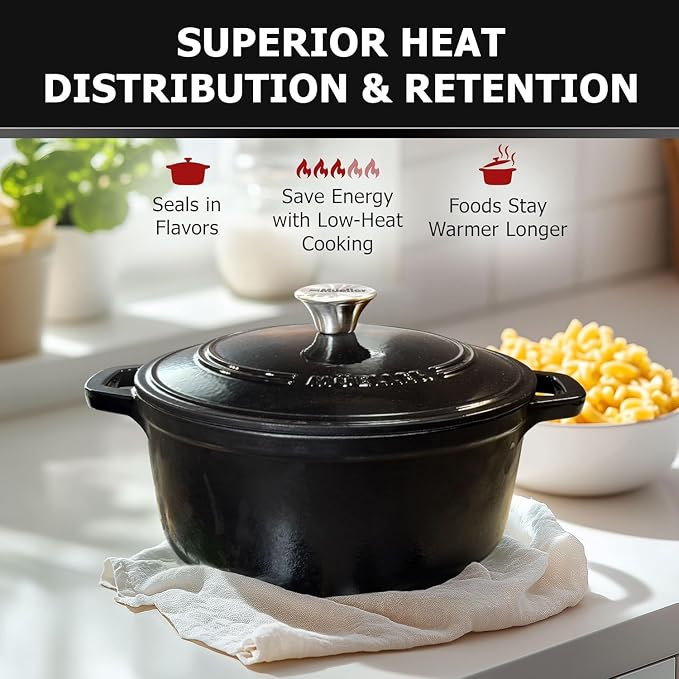 MUELLER HOME 7.5 QT Enameled Cast Iron Dutch Oven, Heavy-Duty, Oven-Safe up to 500° F & Across All Cooktops, Casserole Dish and Braiser Pan with Lid and Stainless Knob, Black | Heavy-Duty