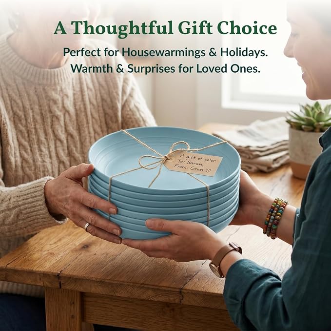 Wheat Straw Deep Plates 9 Inch Unbreakable & Lightweight Plastic Dinner Plates Alternative for Dessert, Sandwich 8 PCS Microwave & Dishwasher Safe Reusable Plate for Camping, RV-Light Blue