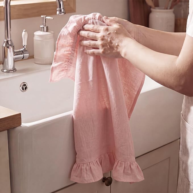 HunnmingRe Light Pink Kitchen Towels Set of 2, 100% Cotton Retro Ruffled Dish Towels 18"x28" Absorbent Tea Cloths for Farmhouse Charm, Drying Dishes, Entertaining Guests