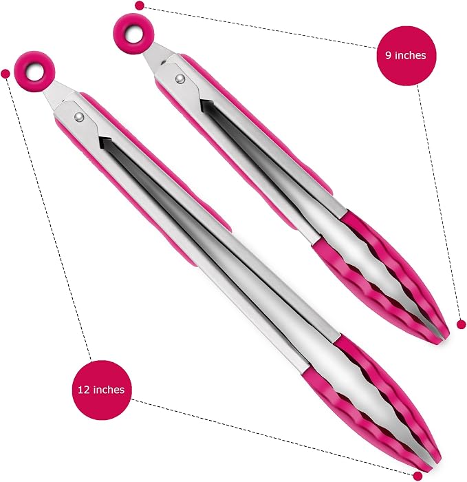 2 Pack Silicone Kitchen Tongs – 9" & 12" Set, Heat Resistant up to 500°F, Non‑Stick Cookware Safe, Wavy Silicone Tips, BPA Free, Locking Clip & Hanging Loop, Wine Red