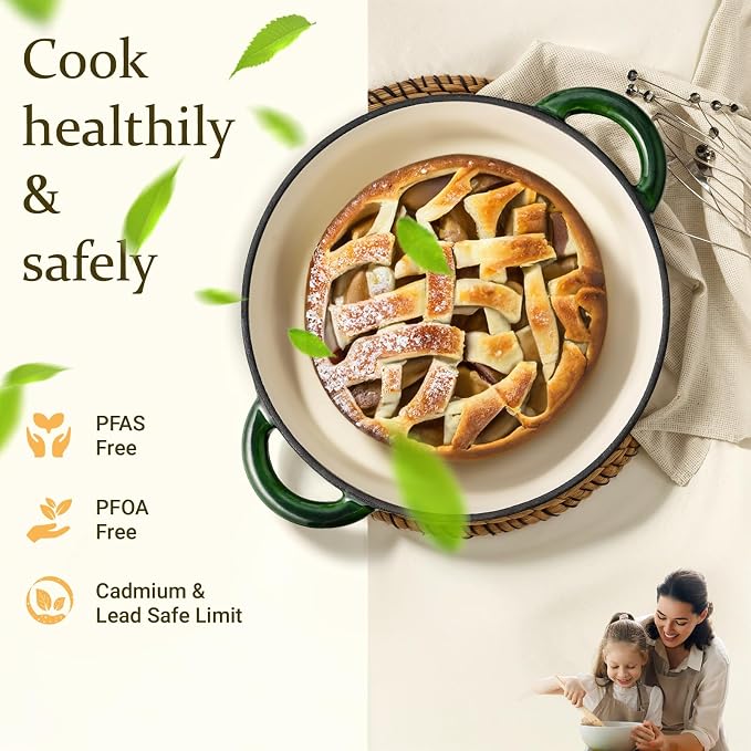 Overmont Enameled Cast Iron Dutch Oven - 5.5QT Pot with Lid Cookbook & Cotton Potholders - Heavy-Duty Cookware for Braising, Stews, Roasting, Sourdough Baking Glossy Green