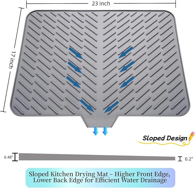 Silicone Dish Drying Mat for Kitchen Counter, Gray-1pcs, 23" x 17" | Heat Resistant & Non-Slip Dish Drain Pad with Built-In Drain, Dishwasher Safe, Quick-Dry, Hangable & Roll-Up for Storage