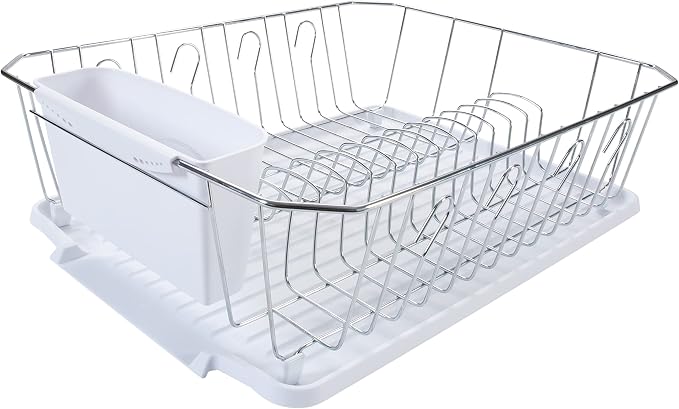 Kitchen Details 3 Piece Dish Rack | Drying Rack, Cutlery Basket & Drainboard Tray | Countertop | Self Draining | Open Wire Design | Chrome | White