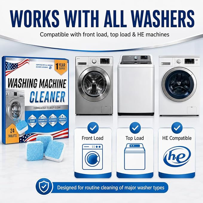 Washing Machine Cleaner Tablets, 24 Pack Enzyme Washer Cleaner | 5X-Power Enzyme Wahser Cleaner Fight Odor Refreshing Laundry, Deep Clean Residue, Grime Compatible with HE, Top & Front Load
