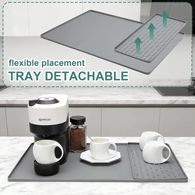 Silicone Coffee Mat 24 x 16 in Combination, Classic Gray | Coffee bar mat for countertop use, coffee station mat or coffee machine mat with removable tray