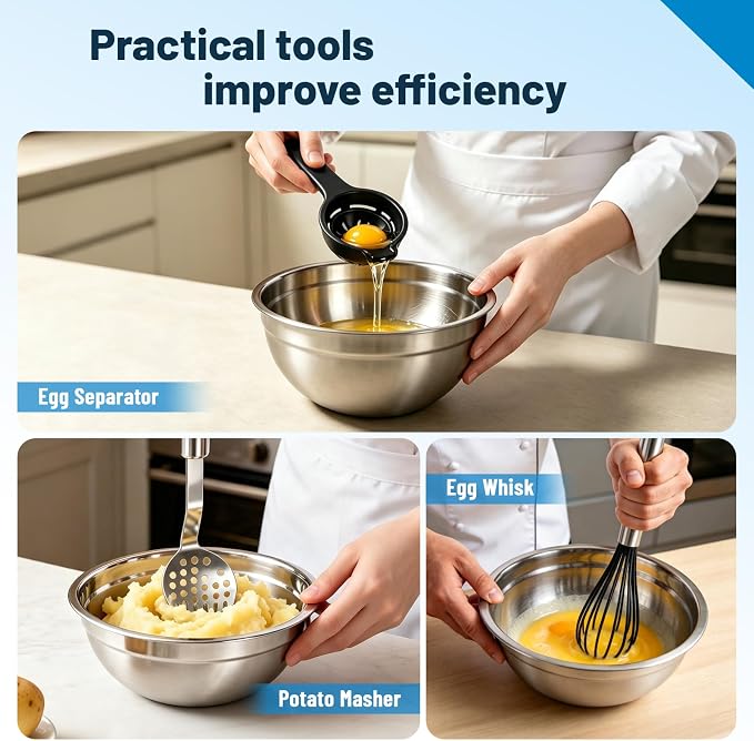 Stainless Steel Mixing Bowls with Lid and Colander Set | Size 6.3, 4.3, 3.6, 2.9QT,9Pcs Multipurpose Kitchen Metal Bowls with Grater,Colander,Egg Whisk,Separator for Baking Serving