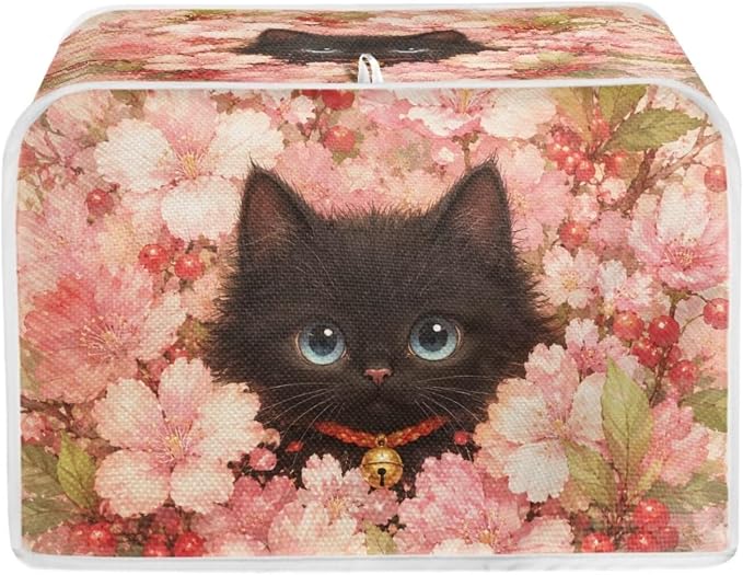 Black Cat Print Toaster Oven Dust Cover 2 Slice Cherry Blossom Print Bread Maker Cover Decorative Small Kitchen Appliance Covers for Kitchen Counter