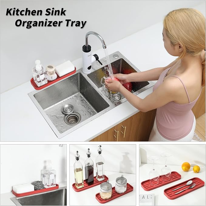 MicoYang Silicone Kitchen Sink Organizer Tray for Multiple Usage,Eco-Friendly Sponges Holder for Kitchen Bathroom Counter or Sink,Dish Soap Dispenser,Scrubber,Bottle,Cup (Red, 12"×4")