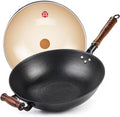 WANGYUANJI 13.4" Cast Iron Wok with Glass Lid, Flat Bottom | Uncoated cast iron wok with glass lid for stir-frying on induction, gas and electric stoves.