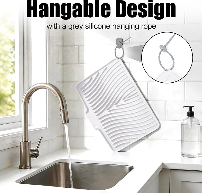TIKNIK Silicone Dish Drying Mat for Kitchen Counter, White-1pcs, 16" x 12" | Heat Resistant & Non-Slip Dish Drain Pad with Built-In Drain, Dishwasher Safe, Quick-Dry, Hangable & Roll-Up for Storage