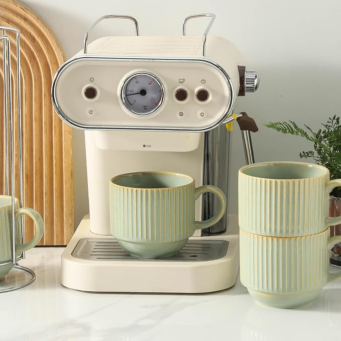 HASENSE Coffee Mugs with Metal Stand, Ceramic 15 Oz Stackable Coffee Cups Set of 4, Vertical Striped Latte Mugs with Holder, Space-Saving Mug Rack for Kitchen, Green
