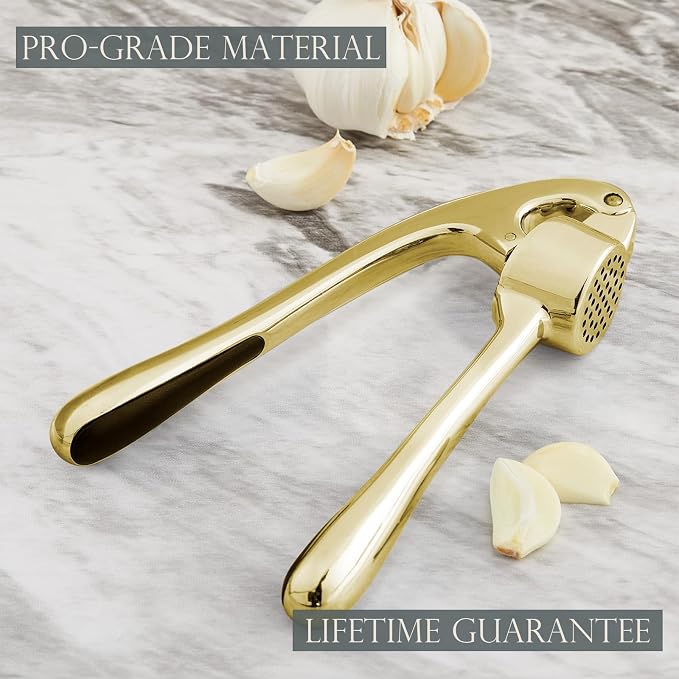 Kitessensu High Effective Garlic Press With Studs, Heavy Duty Garlic Mincer, Easy to Squeeze and Clean, Rust Proof, Ginger Crusher - Golden