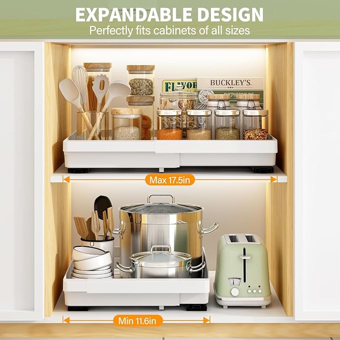 DOMNIU Pull Out Cabinet Organizers Expandable,White,16.9" Depth,4 Pack | Slide Out Drawers for Kitchen, Bathroom, Pantry, Under Sink Storage, Fixed with Adhesive Nano Film (11.6''-17.5'')