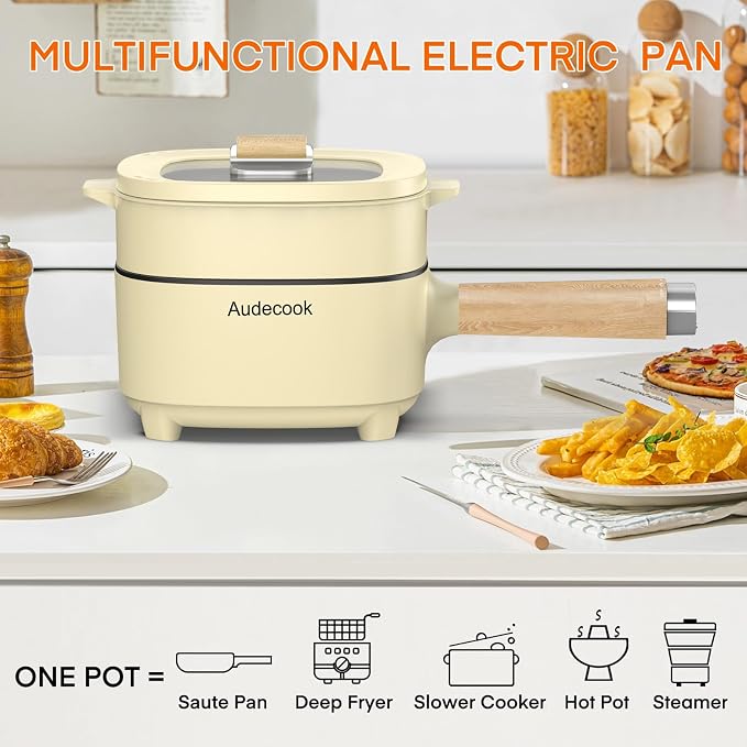 Audecook 2L Electric Hot Pot, Non-Stick Ramen Cooker with Cooking Rack | Dual Power Control Electric Pot For Cooking Steak, Egg, Ramen, Oatmeal & Soup | Portable Pot for Dorm, RV, Travel & Camping
