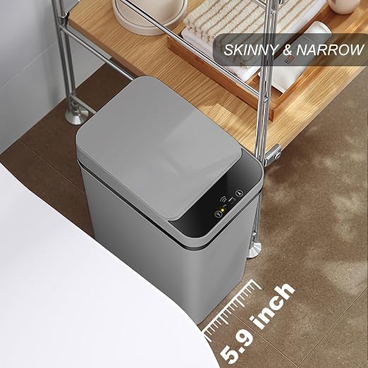 2 Pack - 2.5 Gallon Motion Sensor Bathroom Trash Can - Slim Smart Trash Can | Skinny Trash Bin with Lid - Electric, Narrow, Plastic, Auto Open - Small Automatic Garbage Can ( Grey )