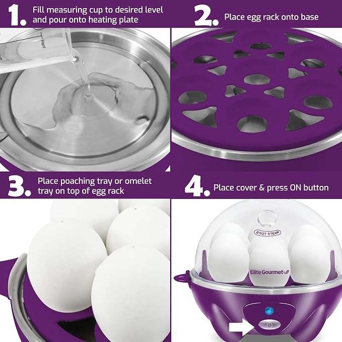 Elite Gourmet EGC700P Rapid Egg Cooker, 7-Egg, BPA-Free, Eggplant