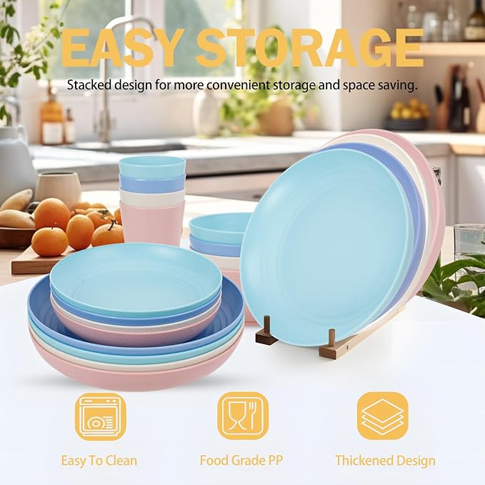 Rubtlamp Wheat Straw Plates and Bowls sets, Reusable Plastic Plate Set for 4, Kitchen Wheat Straw Dinnerware Sets (Spring Four Colors) Include Dinner Platos, Dessert Platos, Cereal Bowls, Cups
