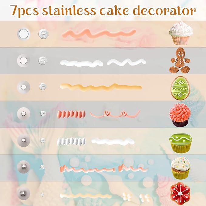 Dimeho 7 Pcs Round Hole Piping Tips Set Stainless Steel Cupcake Frosting Nozzles Cake Decorating Tool Russian Pastry Icing Dispensers Supplies for Baking Cookies Puff Doughnut Cream Bag Filler