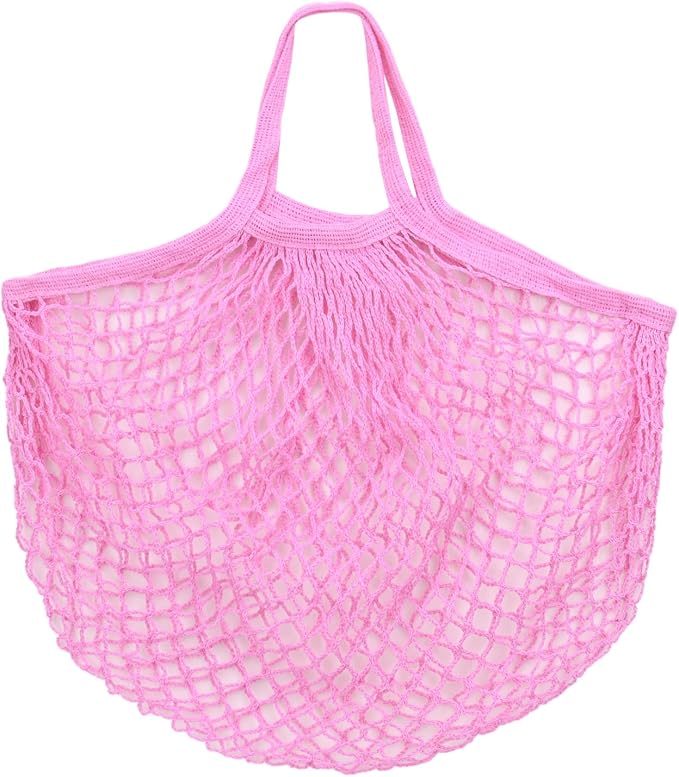 M METERXITY 1-Pack Cotton Mesh Bag, Reusable Washable Mesh Net String Grocery Bags, Reusable Produce Bags with Handle, Net Tote Bag for Fruits/Vegetables Shopping [Pink, Short Handle]