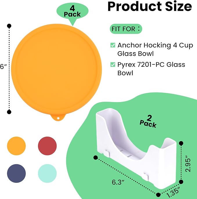 4 Cup Silicone Lid & Lid Organizer - 4 Pack Replacement Lids for Pyrex 7201-PC Glass Bowls and Anchor Hocking 4 Cup Glass Bowls & 2 Pack Adjustable Organizers for Kitchen Cabinet Storage