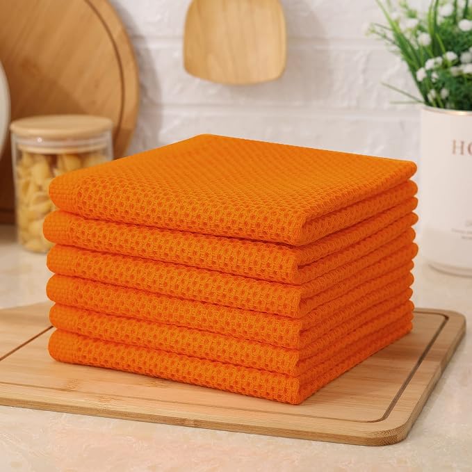 Kitinjoy 100% Cotton Waffle 6-Pack Kitchen Towels, 12" x 12", Orange | Ultra Absorbent, Super Soft, lightweight, Quick Drying Dish Rags for Washing Dishes