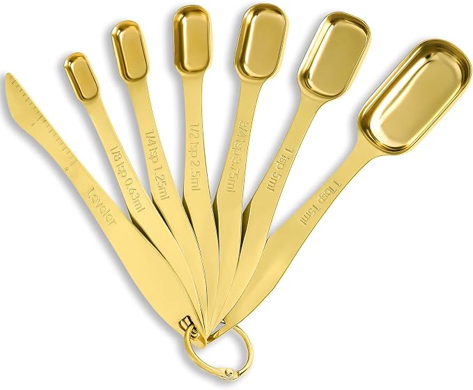 Heavy Duty Measuring Spoons Set Stainless Steel, Metal Measuring Cups and Spoons Set for Dry or Liquid, Fits in Spice Jar, Home Gadgets Kitchen Gadgets, Set of 7 Including Leveler, Gold