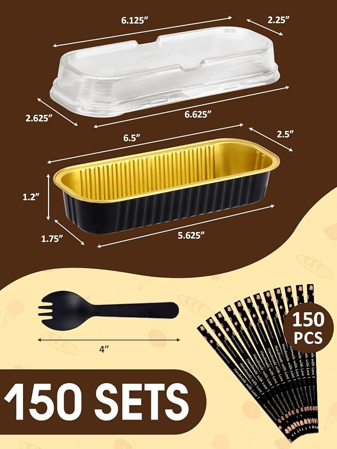 NEEBAKE 150 Pack 6.8 oz Disposable Mini Loaf Pans with Lids and Spoons - 6.5x2.5x1.2 Black Gold Aluminum Loaf Pans, Small Aluminum Tin Foil Baking Pan, Food Containers for Cakes, Bread, Loaves