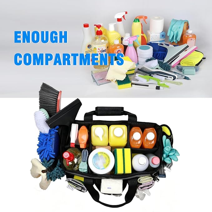 Extra Large Cleaning Caddy Bag with 4 Foldable Dividers, Wearable Cleaning Caddy Organizer with Handle & Shoulder Strap & Waist Strap, Housekeeping Tote for Cleaners, Black