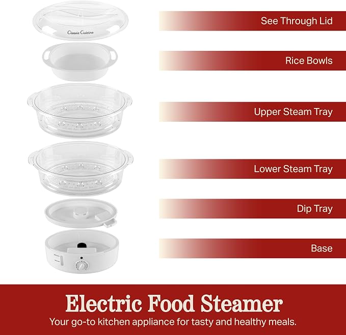 Classic Cuisine 2-Tier Vegetable Steamer and Rice Cooker, 120V 60Hz 800W | 6.3 Quart Electric Steamer for Cooking Healthy Fish, Eggs, Vegetables, Rice, and Baby Food