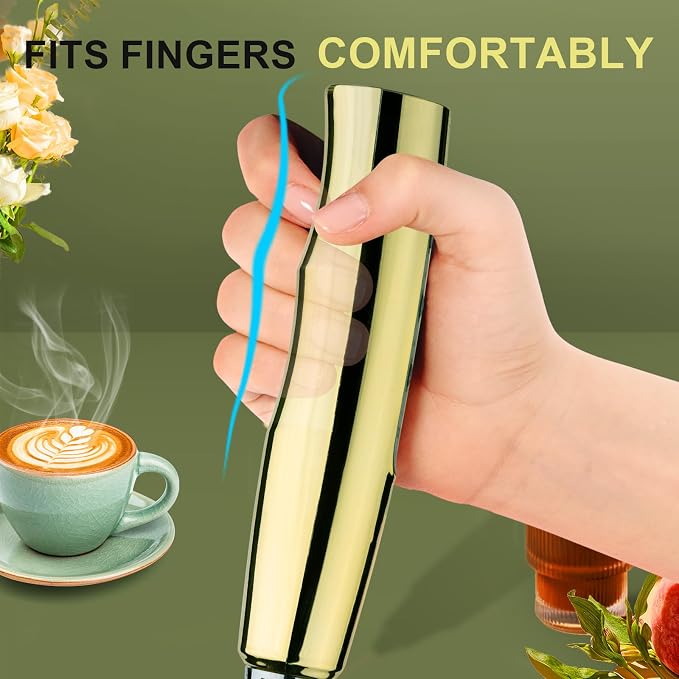YUSWKO Handheld Milk Frother Wand for Coffee, Rechargeable Electric Whisk with 3 Heads 3 Speeds Drink Mixer Coffee Frother For Latte, Cappuccino, Hot Chocolate, Egg, Champagne Gold