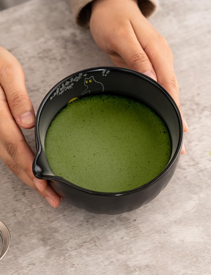 TANG PIN Premium Matcha Set - Japanese Traditional Matcha Making Kit | Matcha Bowl (Chawan), Bamboo Whisk (Chasen) & Holder - Complete Matcha Maker Starter Tools for Matcha Tea & Latt (Cat)