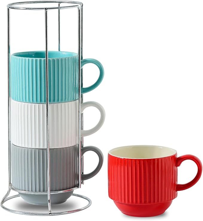 HASENSE Ceramic Coffee Mug Set of 4 with Rack - 15 oz Stacking Ribbed Latte Cups Set for Cappuccino, Tea, Hot Cocoa, Drinks - Wedding & Housewarming Gifts Assorted Colors