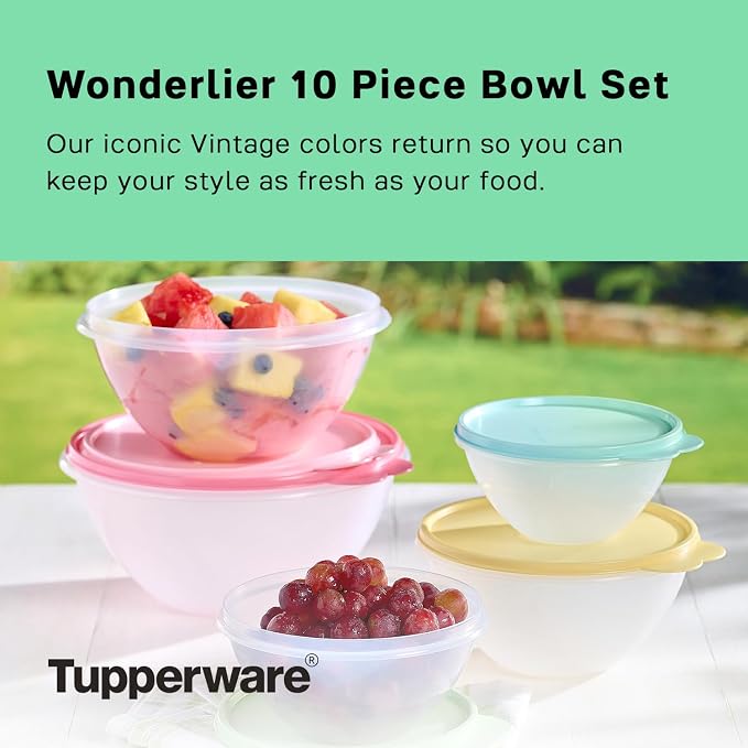 Tupperware Wonderlier 10-Piece Vintage Pastel Set (5 Bowls + 5 Lids) | Plastic Food Storage Mixing Bowl with Secure Lids, BPA Free Materials, & Dishwasher-Safe for Kitchen Storage or Meal Prep