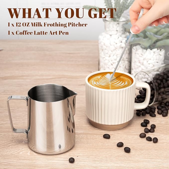 Amrules Milk Frothing Pitcher 12oz Frother Cup Barista Tools, Silver | 18/8 Stainless Steel, 12oz Capacity with Clear Scale, with Decorating Pen, Ergonomic Handle, for Cappuccino, Latte & Espresso