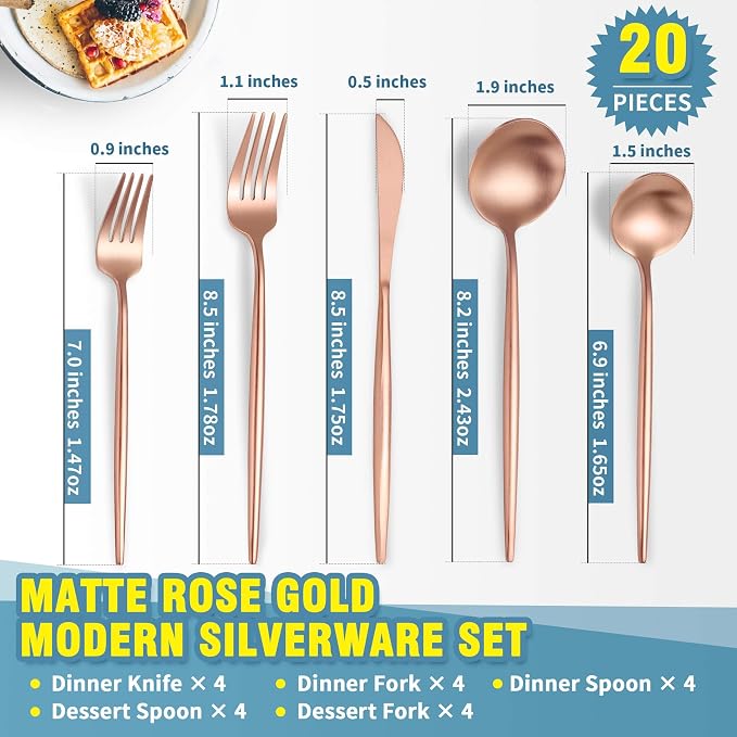 Matte Rose Gold Silverware Set for 4,Modern Stainless Steel Brushed Cutlery Set,20-Pieces Heavy Duty Flatware Set,Knives Spoons and Forks Set Utensils Set, Satin Finish, Dishwasher Safe
