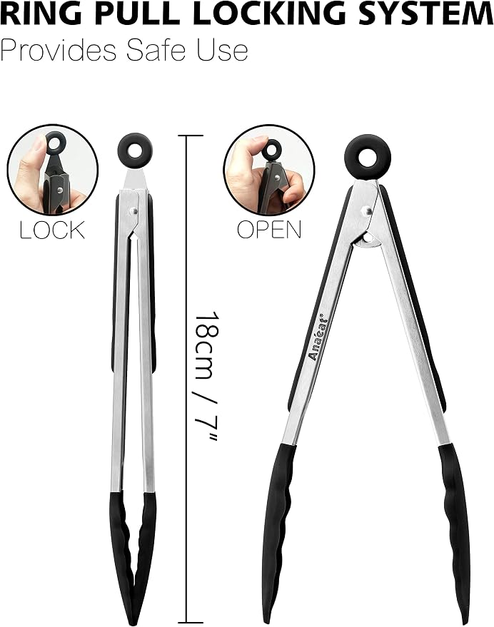Anaeat Non-Stick Silicone Locking Tong - Stainless Steel 7" Mini Kitchen Food Tongs with Non-Slip Silicone Tips and Grip for Cooking, Baking and BBQ - Heat Resistant up to 480°F (Black)