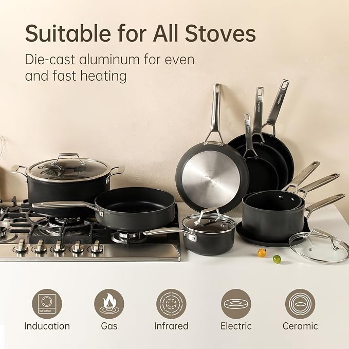 MsMk 5-Piece Nonstick Pots and Pans Set, Non Toxic Induction Cookware Sets | Even Heating, Easy Clean, Dishwasher & Oven Safe, suitable for gas & electric & induction stoves, Stainless Steel, Ceramic