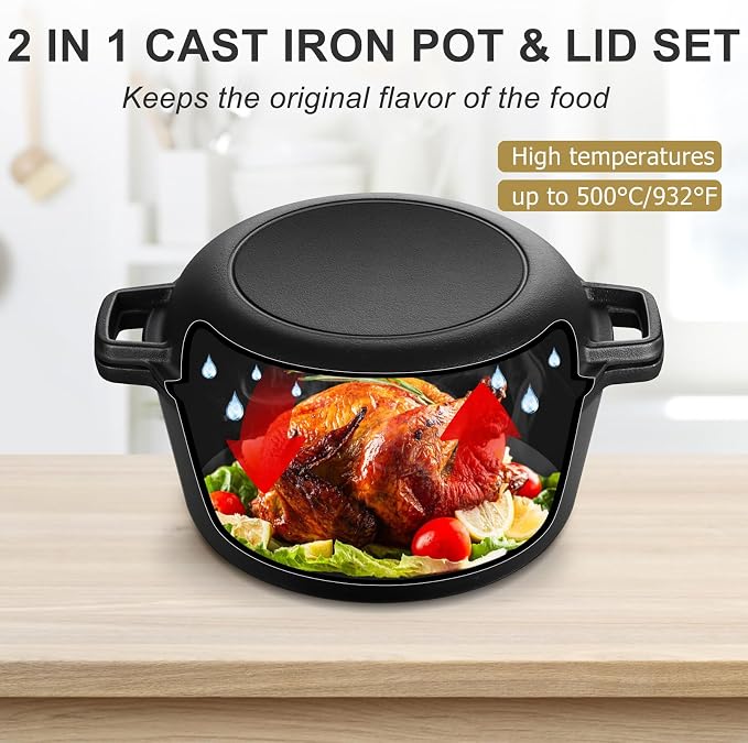 TeamFar 5qt Dutch Oven, Pre-seasoned Cast Iron for Bread Baking, Black | 2-in-1 Bread Pan with Skillet Lid, Oven & Stovetop Safe for Baking Frying Stewing Grilling, Home Use Or Outdoor Camping