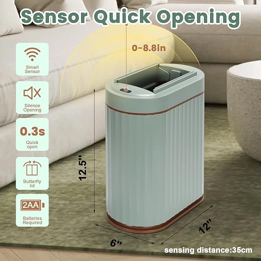 ELPHECO Motion Sensor Bathroom Trash Can with Lid 2 Gal Automatic Trash Can | Butterfly Lid, Room Decor Bathroom Accessories, Motion Sensor Wastebasket Garbage Can, Kitchen Living Room Office, Sage Green
